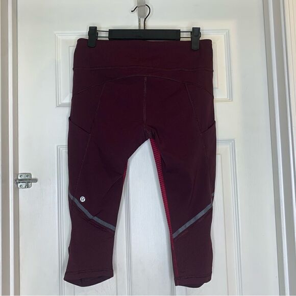 Lululemon Hop To It Crop Run 2 Hip Pockets Red Stripe Bordeaux Size 6 - Picture 5 of 7